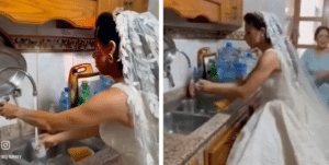 شاهد عروس لبنانية تغسل الصحون بفستان الزفاف